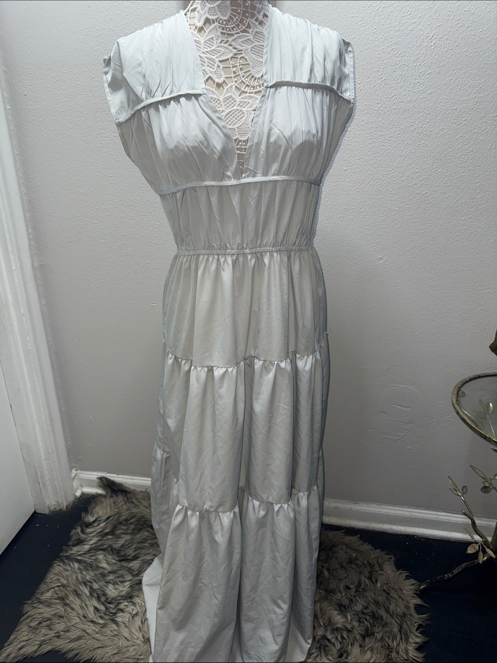 White Maxi Dress with Tiered Skirt and V-Neck